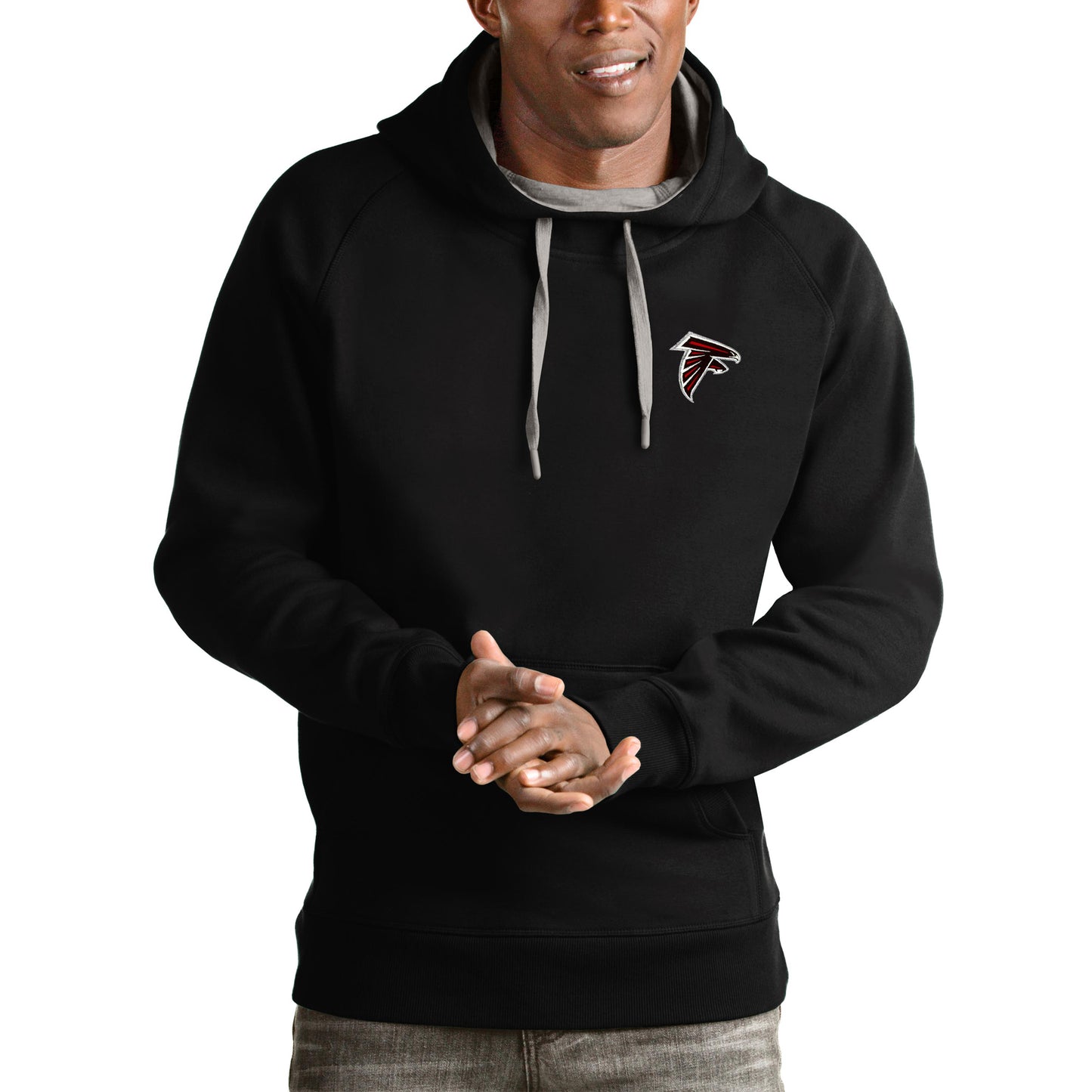 Men's Antigua Black Atlanta Falcons Logo Victory Pullover Hoodie