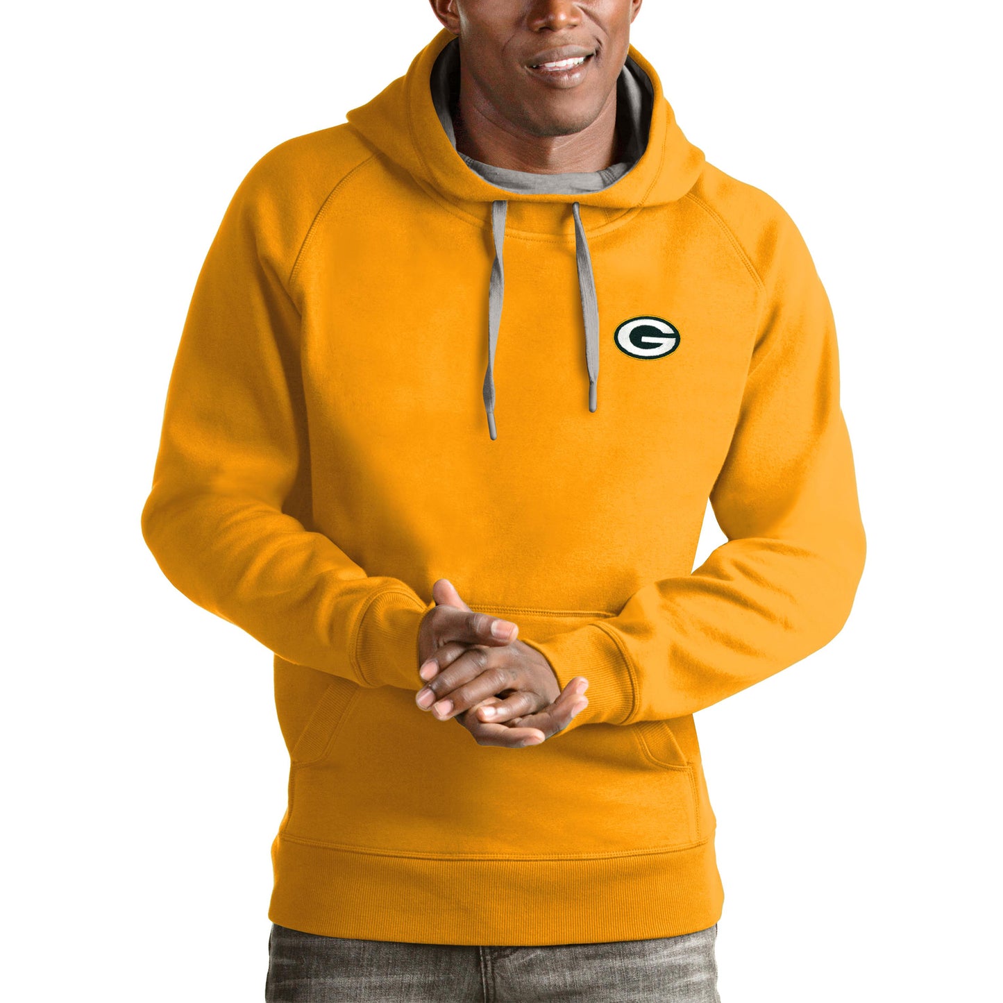 Men's Antigua Gold Green Bay Packers Logo Victory Pullover Hoodie