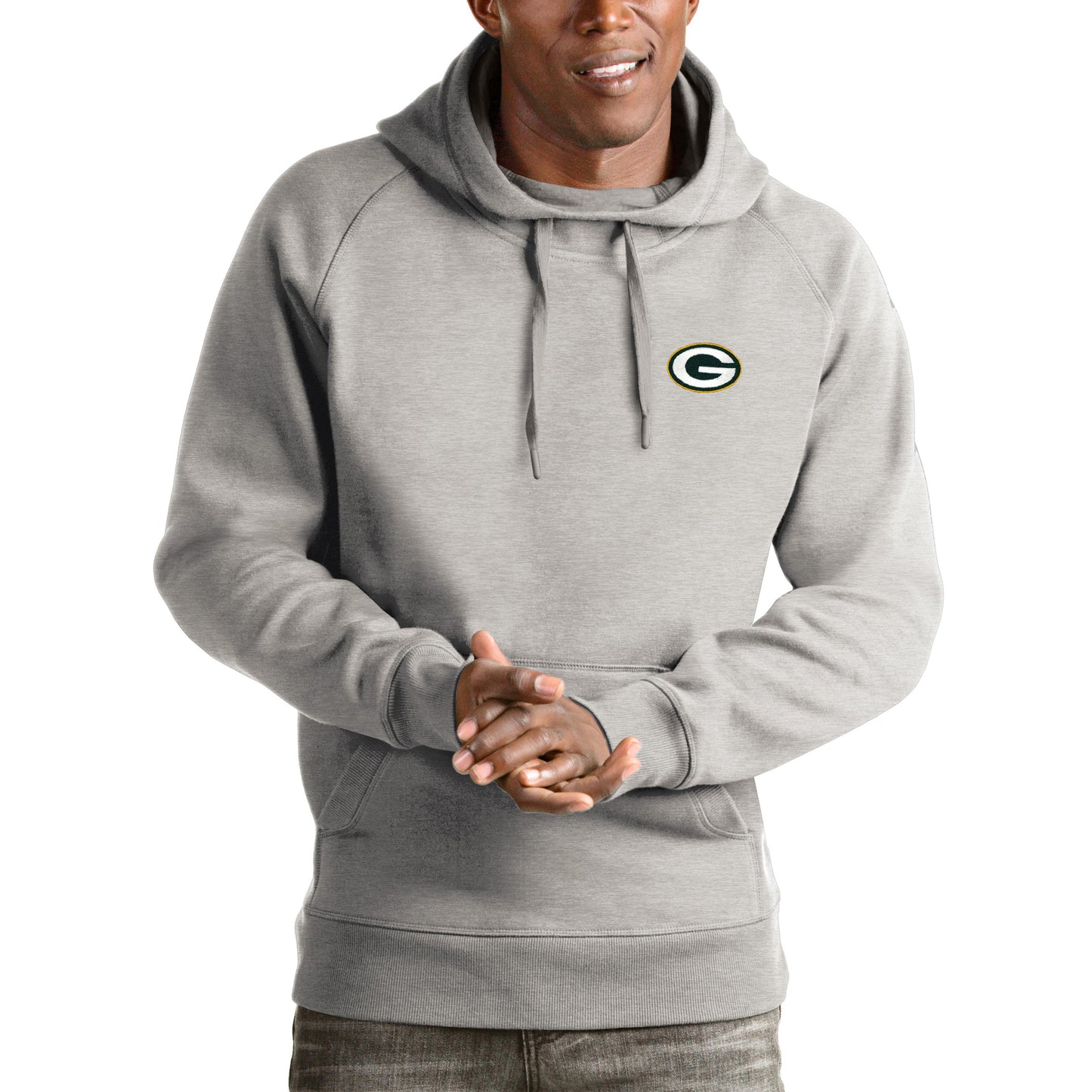 Men's Antigua Heathered Gray Green Bay Packers Logo Victory Pullover Hoodie