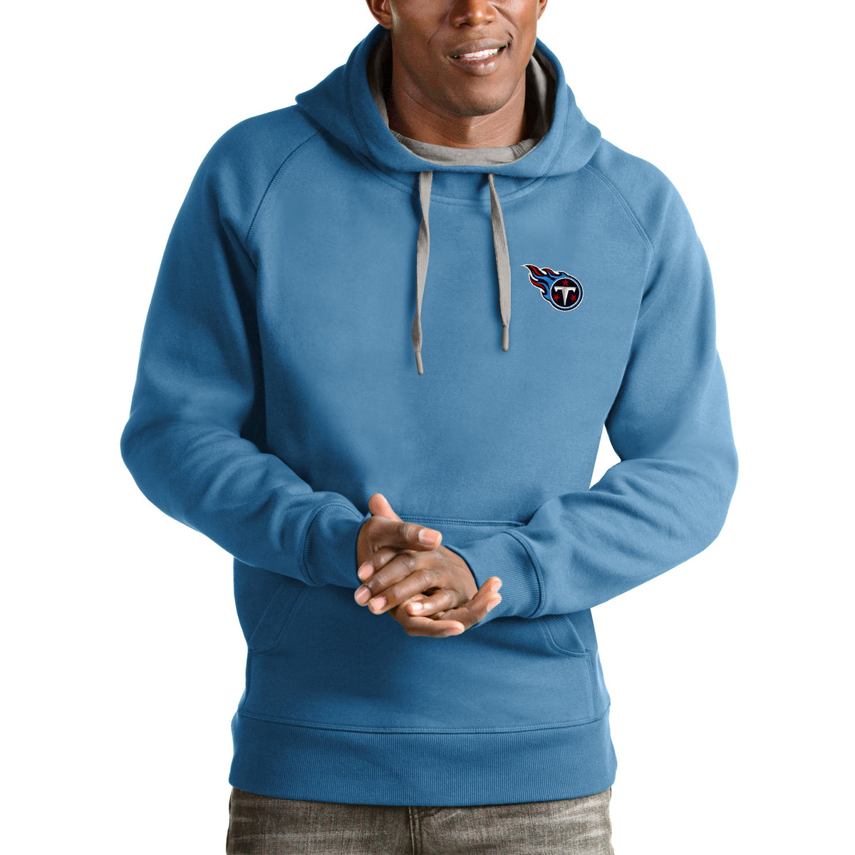 Men's Antigua Light Blue Tennessee Titans Logo Victory Pullover Hoodie