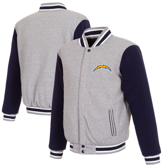 Men's JH Design Gray/Navy Los Angeles Chargers Reversible Fleece Full-Snap Jacket