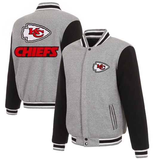 Men's JH Design Gray/Black Kansas City Chiefs Reversible Fleece Full-Snap Jacket