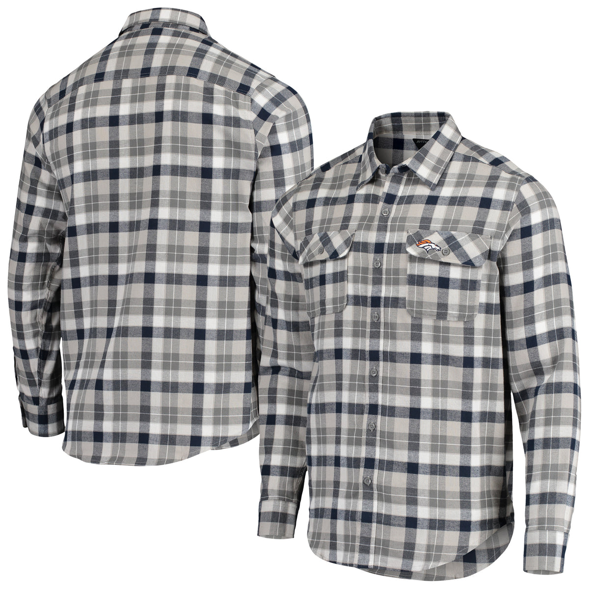 Men's Antigua Navy/Gray Denver Broncos Ease Flannel Long Sleeve Button-Up Shirt