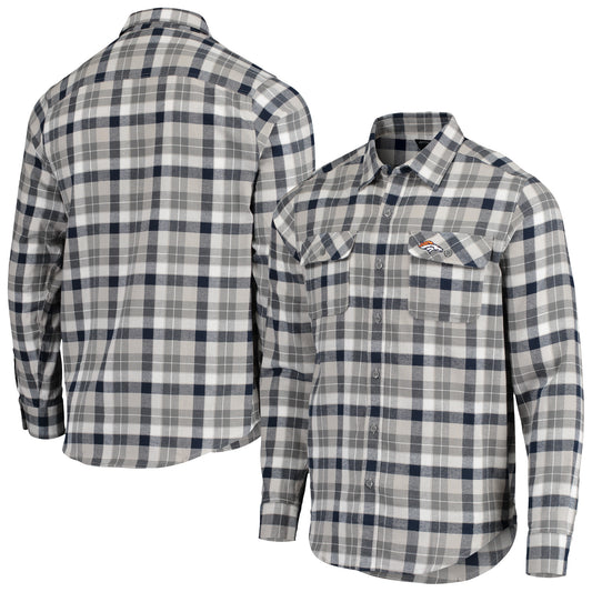 Men's Antigua Navy/Gray Denver Broncos Ease Flannel Long Sleeve Button-Up Shirt