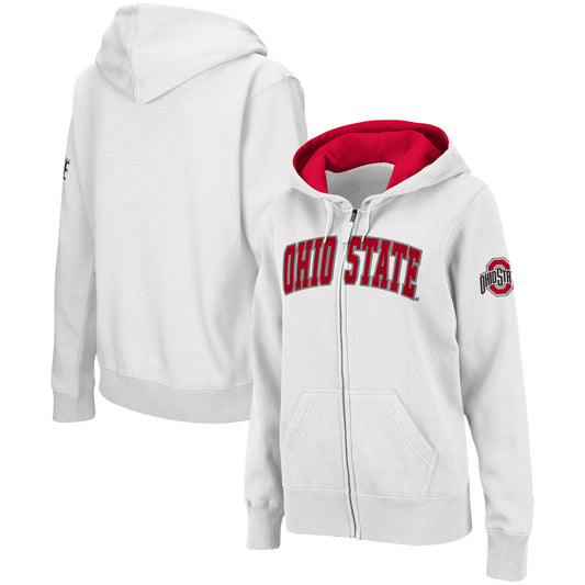 Women's White Ohio State Buckeyes Arched Name Full-Zip Hoodie