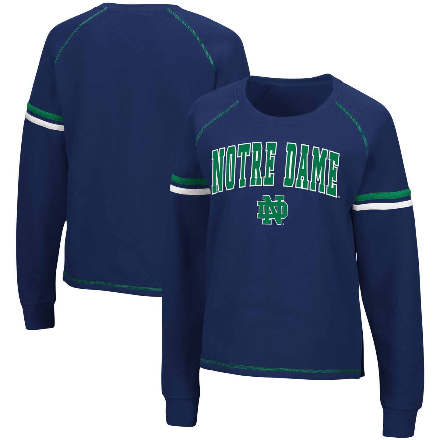 Women's Colosseum Navy Notre Dame Fighting Irish Sweep Pass Sleeve Stripe Raglan Pullover Sweatshirt