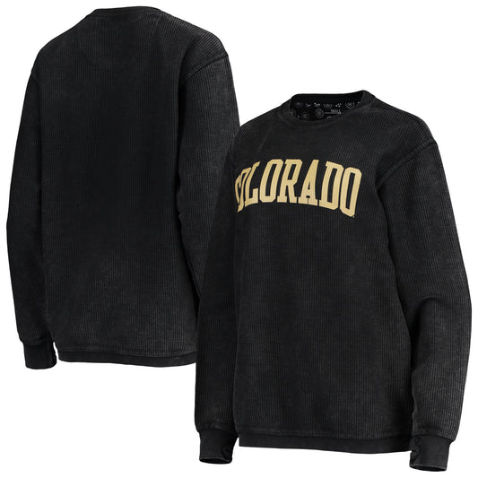 Women's Pressbox Black Colorado Buffaloes Comfy Cord Vintage Wash Basic Arch Pullover Sweatshirt