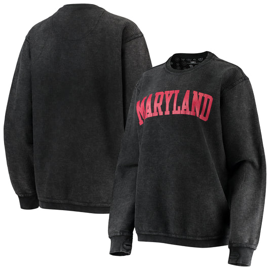 Women's Pressbox Black Maryland Terrapins Comfy Cord Vintage Wash Basic Arch Pullover Sweatshirt