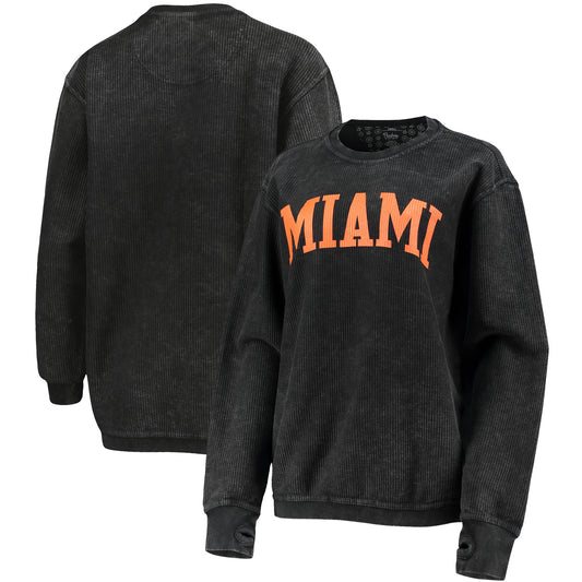 Women's Pressbox Black Miami Hurricanes Comfy Cord Vintage Wash Basic Arch Pullover Sweatshirt