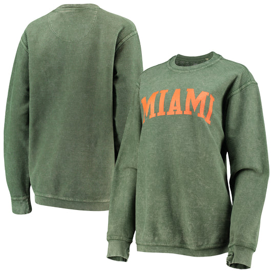 Women's Pressbox Green Miami Hurricanes Comfy Cord Vintage Wash Basic Arch Pullover Sweatshirt