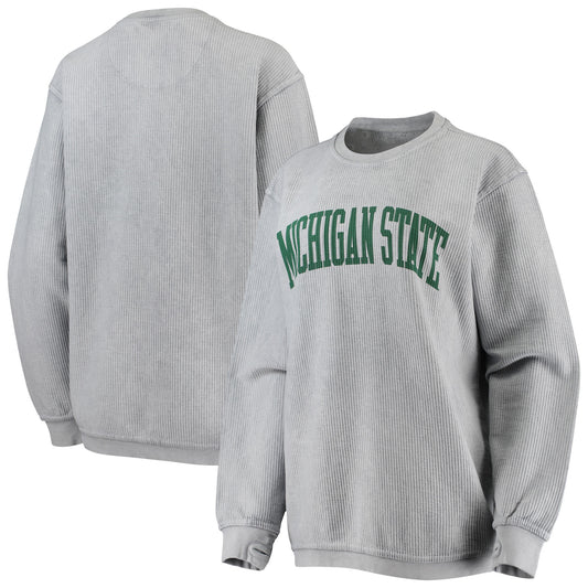 Women's Pressbox Gray Michigan State Spartans Comfy Cord Vintage Wash Basic Arch Pullover Sweatshirt