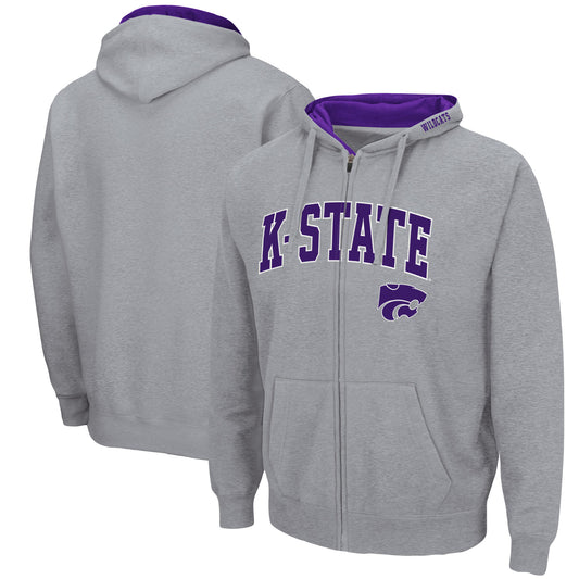 Men's Colosseum Heathered Gray Kansas State Wildcats Arch & Logo 3.0 Full-Zip Hoodie