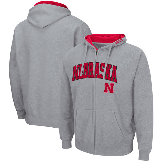 Men's Colosseum Heathered Gray Nebraska Huskers Arch & Logo 3.0 Full-Zip Hoodie