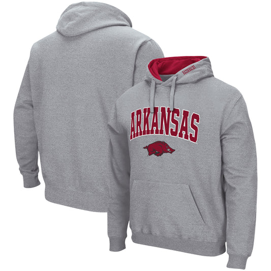 Men's Colosseum Heather Gray Arkansas Razorbacks Arch & Logo 3.0 Pullover Hoodie