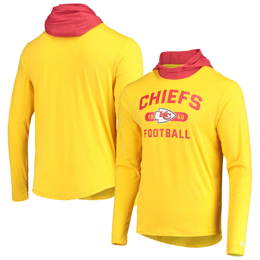 Men's New Era Gold/Red Kansas City Chiefs Active Block Hoodie Long Sleeve T-Shirt