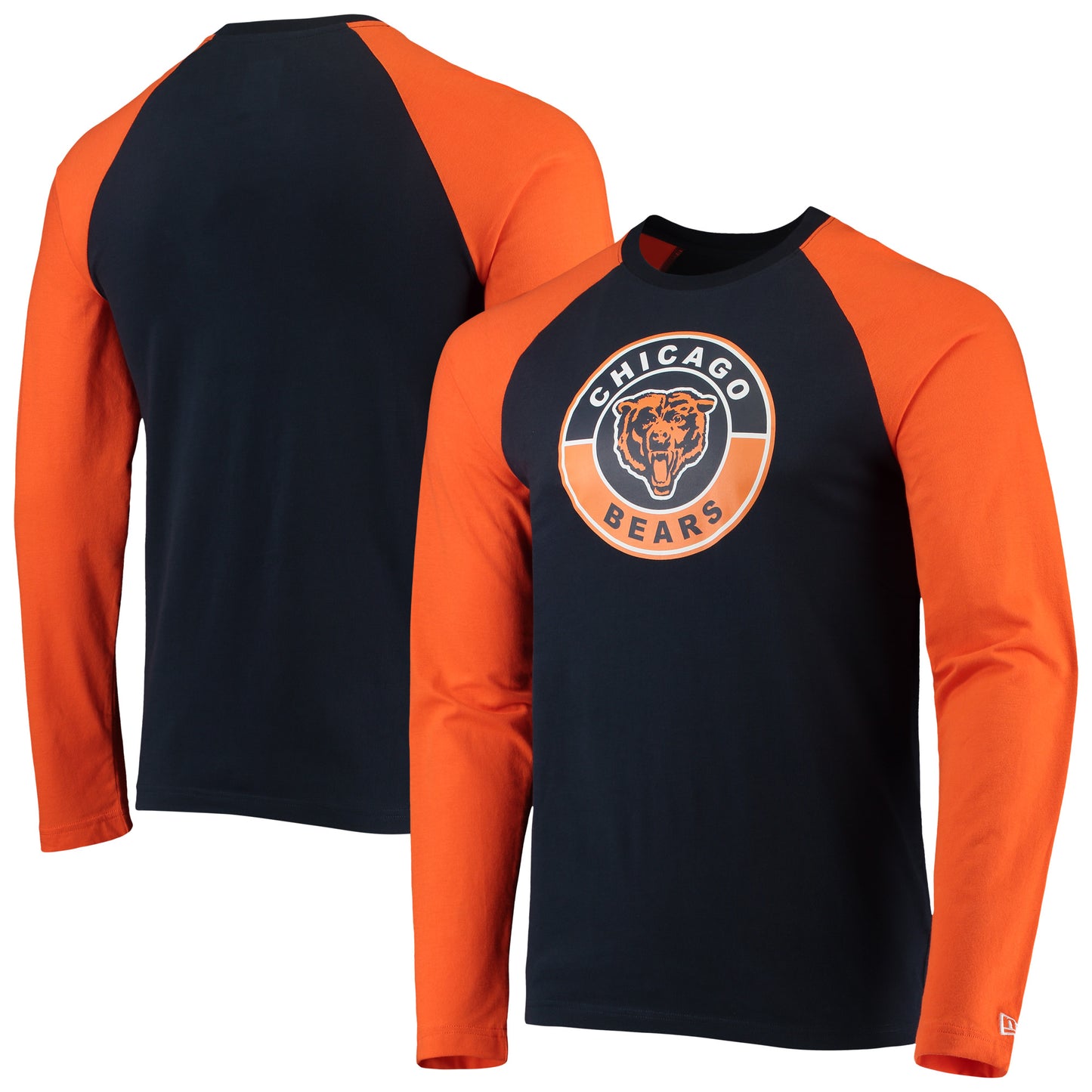 Men's New Era Navy/Orange Chicago Bears League Raglan Throwback Long Sleeve T-Shirt