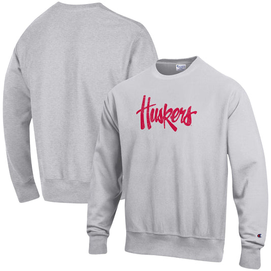 Men's Champion Heathered Gray Nebraska Huskers Vault Logo Reverse Weave Pullover Sweatshirt