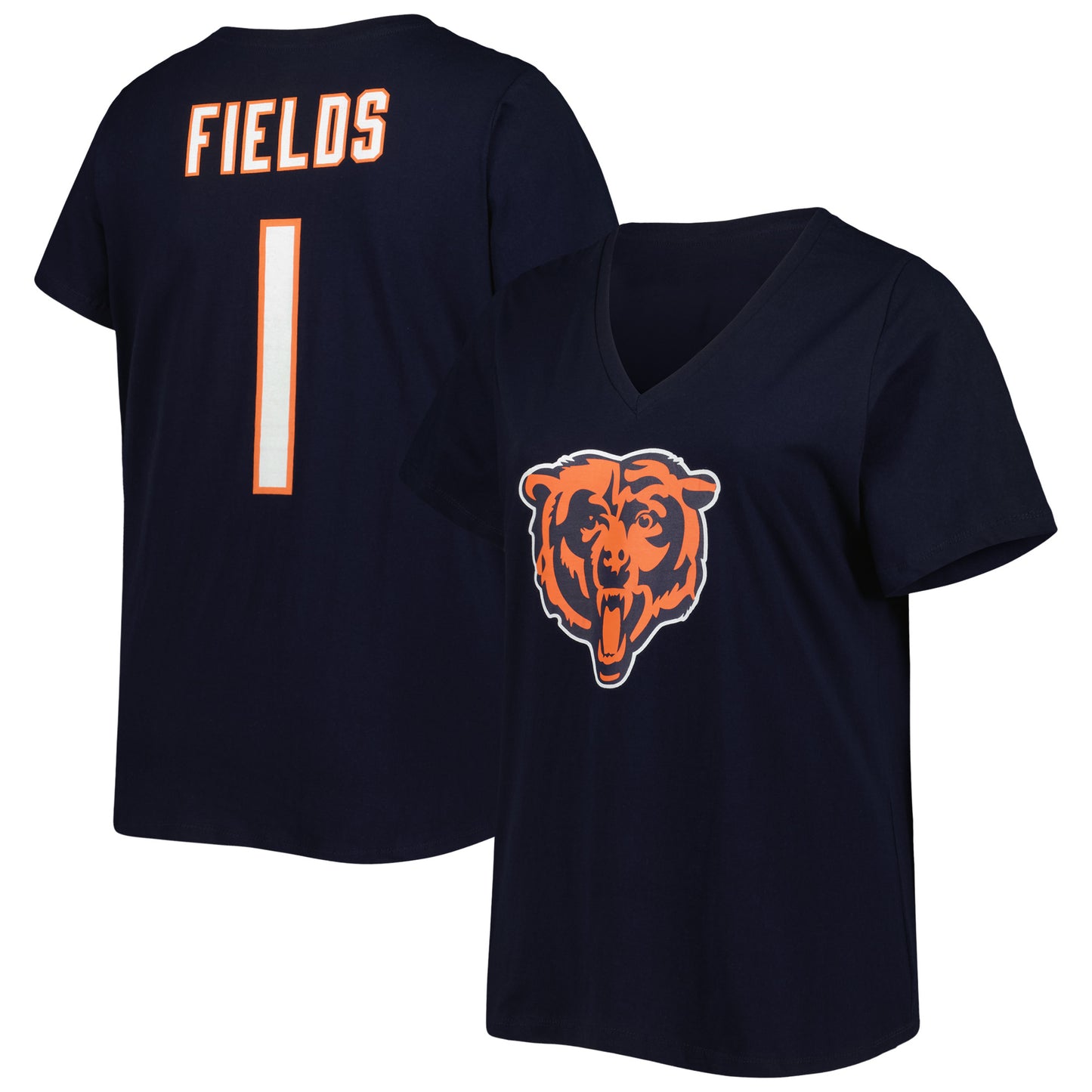 Women's Justin Fields Navy Chicago Bears Plus Size Fair Catch Name & Number V-Neck T-Shirt