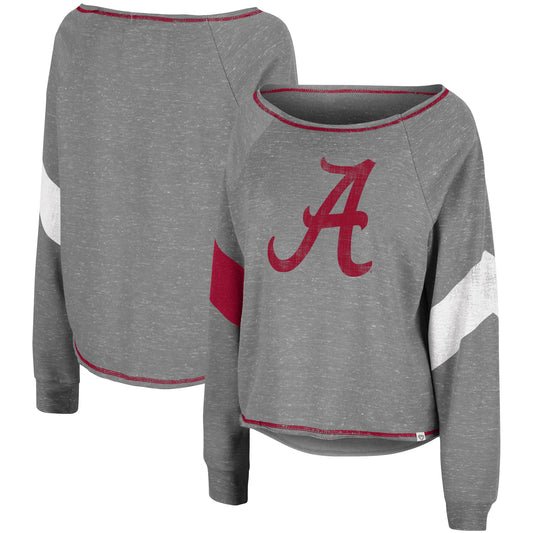 Women's Colosseum Heathered Gray Alabama Crimson Tide Amped Chevron Stripe Raglan Boat Neck Pullover Sweatshirt