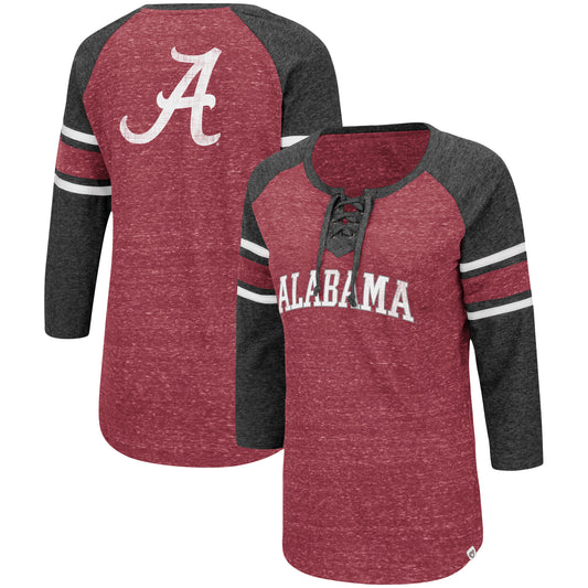 Women's Colosseum Crimson/Heathered Charcoal Alabama Crimson Tide Scienta Pasadena Raglan 3/4 Sleeve Space Dye Lace-Up T-Shirt