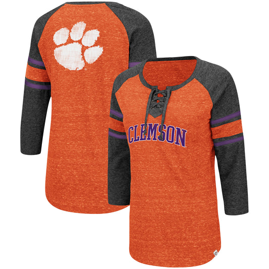 Women's Colosseum Orange/Heathered Charcoal Clemson Tigers Scienta Pasadena Raglan 3/4 Sleeve Space Dye Lace-Up T-Shirt