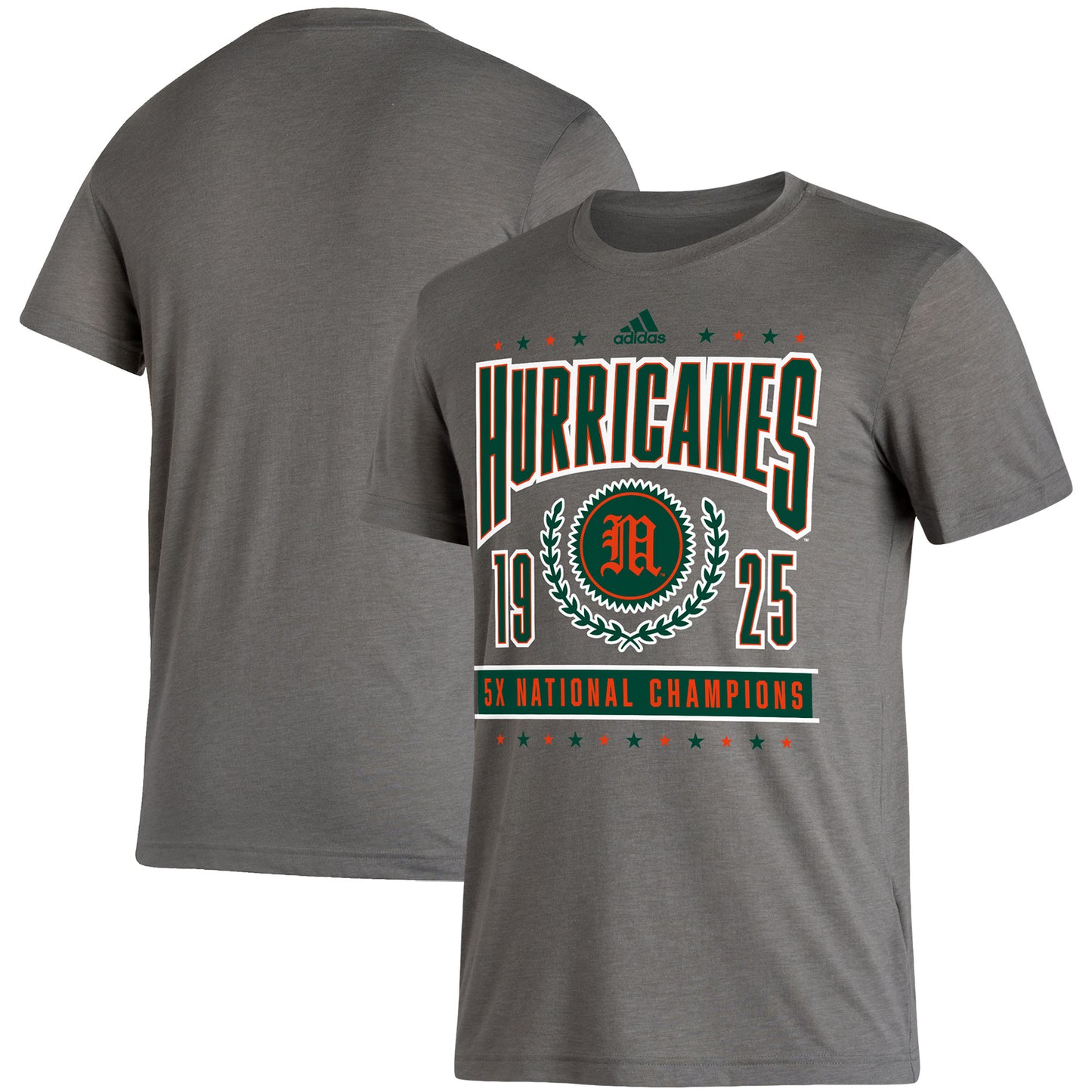 Men's adidas Heathered Charcoal Miami Hurricanes 5X National Champions Reminisce Tri-Blend T-Shirt