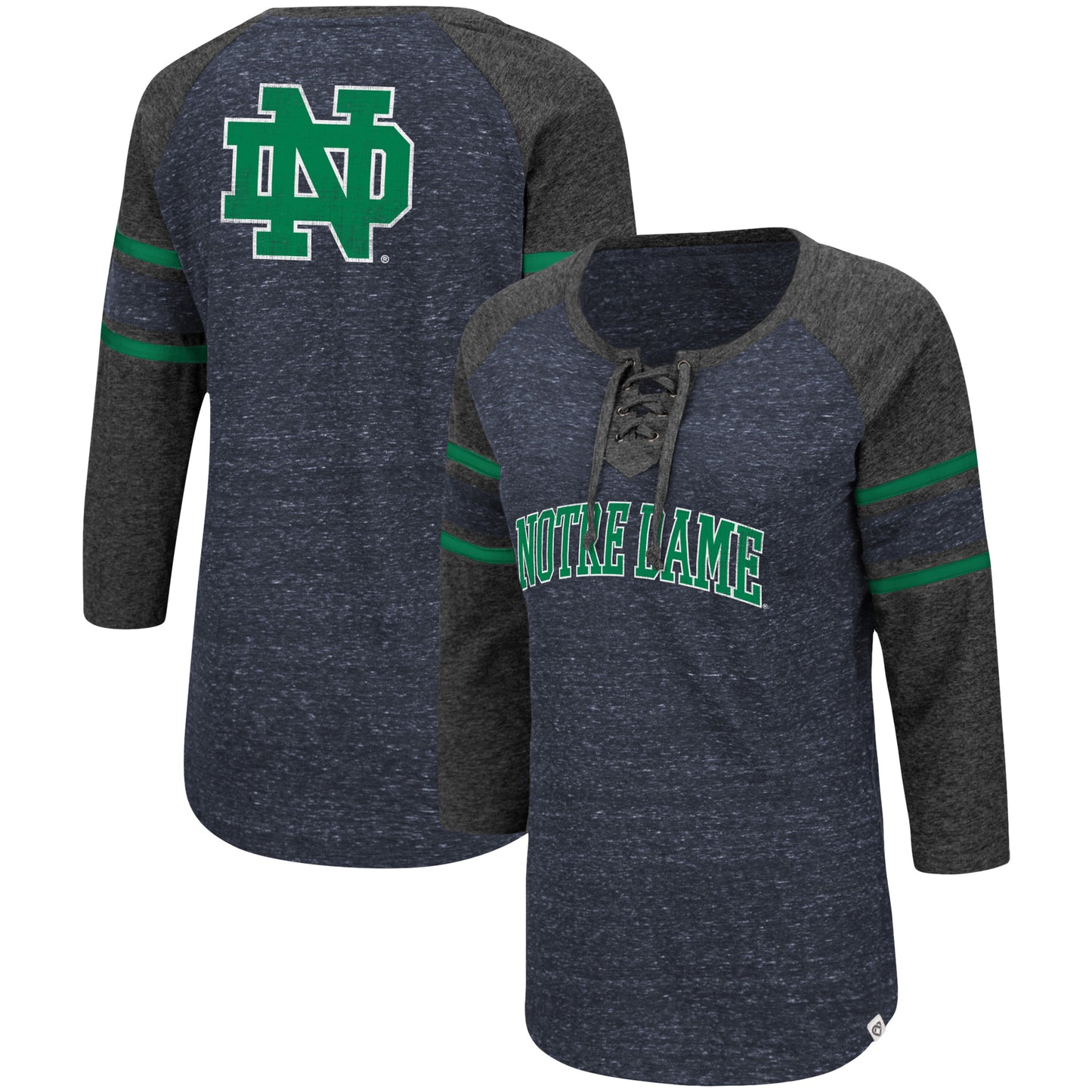 Women's Colosseum Navy/Heathered Charcoal Notre Dame Fighting Irish Scienta Pasadena Raglan 3/4 Sleeve Lace-Up T-Shirt