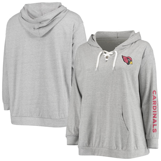 Women's Fanatics Heathered Gray Arizona Cardinals Plus Size Lace-Up Pullover Hoodie