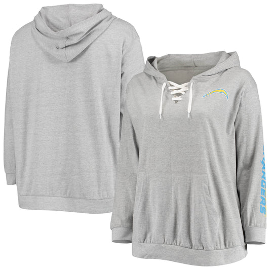 Women's Fanatics Heathered Gray Los Angeles Chargers Plus Size Lace-Up Pullover Hoodie