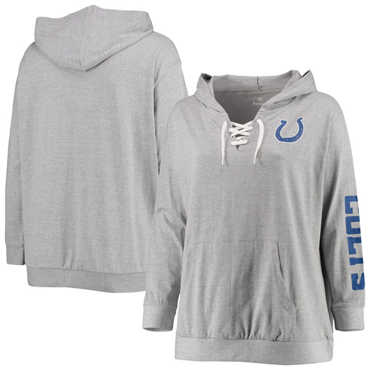 Women's Fanatics Heathered Gray Indianapolis Colts Plus Size Lace-Up Pullover Hoodie