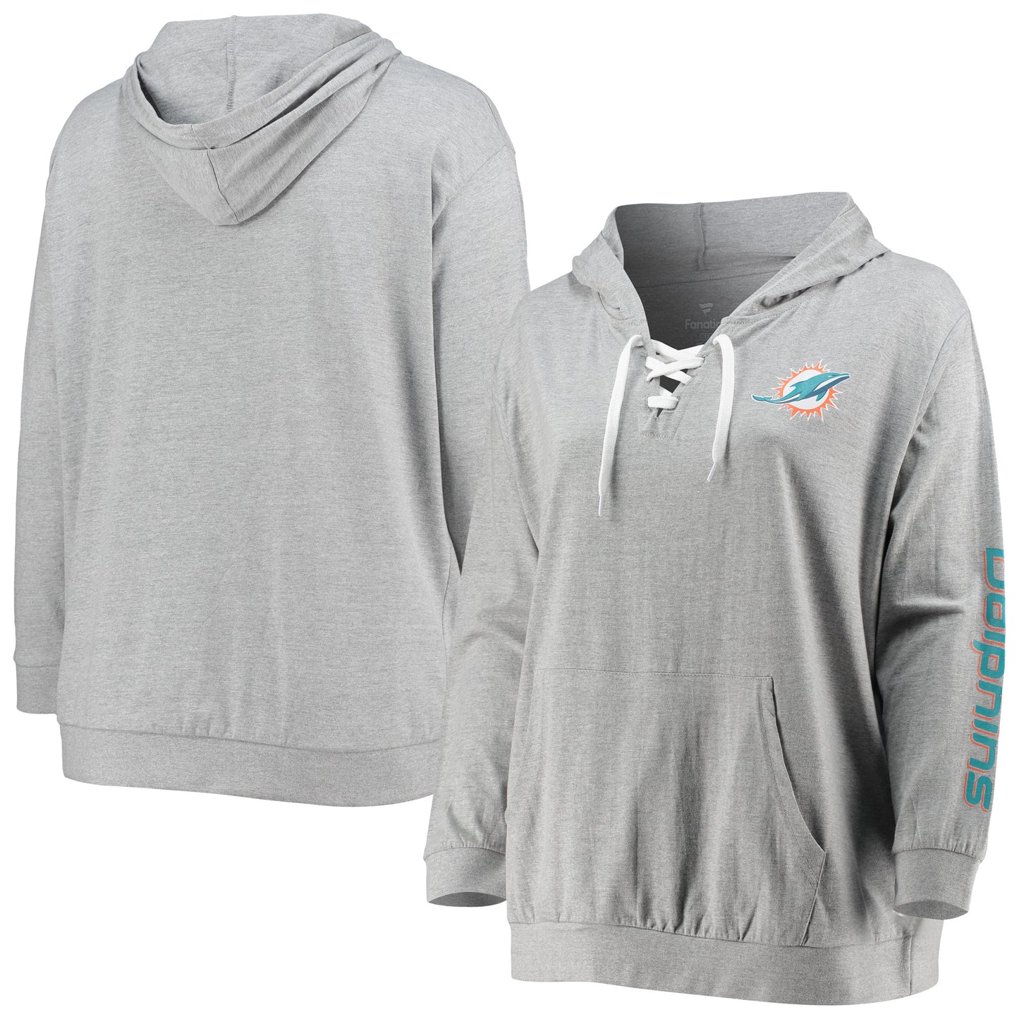 Women's Fanatics Heathered Gray Miami Dolphins Plus Size Lace-Up Pullover Hoodie