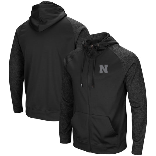 Men's Colosseum Black Nebraska Huskers Blackout 3.0 Tonal Raglan Full-Zip Hoodie