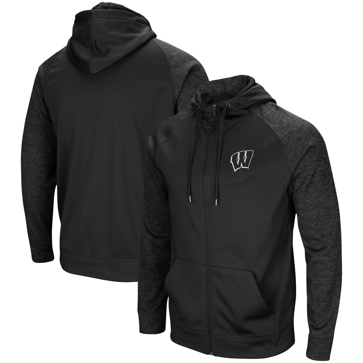 Men's Colosseum Black Wisconsin Badgers Blackout 3.0 Tonal Raglan Full-Zip Hoodie