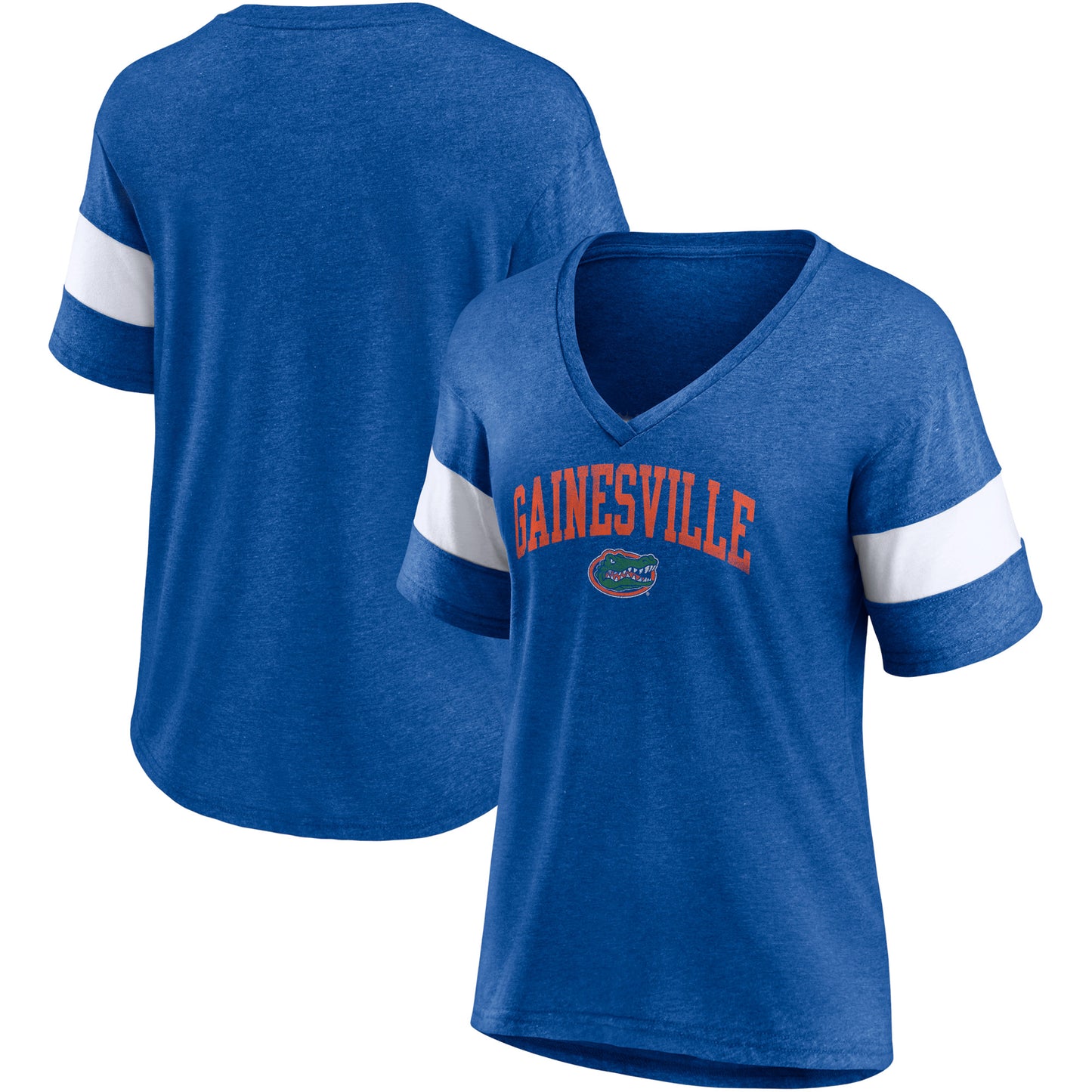 Women's Fanatics Heathered Royal Florida Gators Arched City Sleeve-Striped Tri-Blend V-Neck T-Shirt