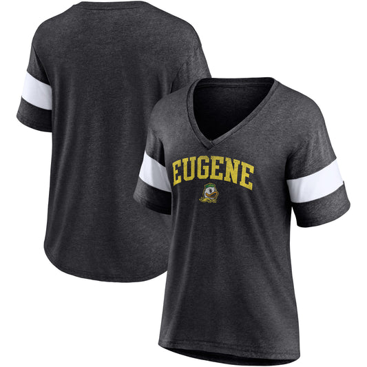 Women's Fanatics Heathered Charcoal Oregon Ducks Arched City Sleeve-Striped Tri-Blend V-Neck T-Shirt