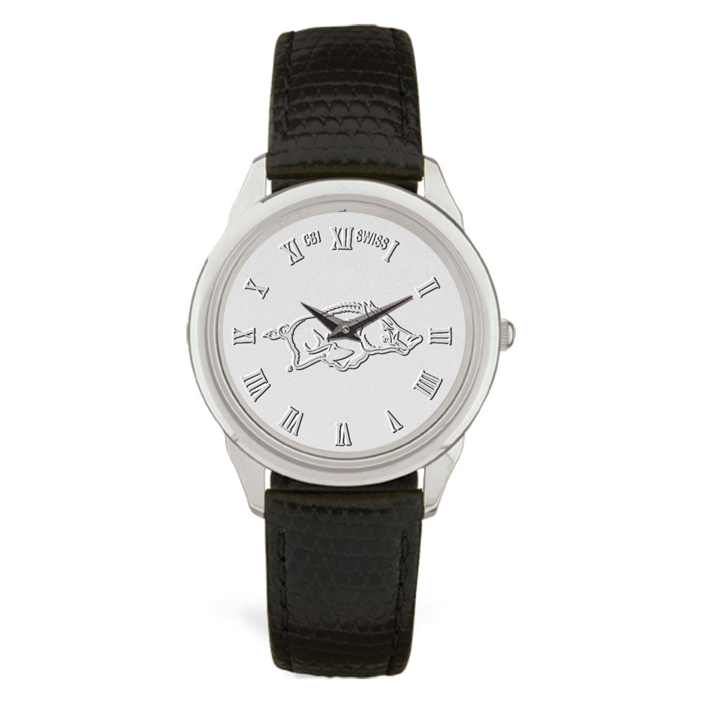 Men's Silver/Black Arkansas Razorbacks Medallion Leather Wristwatch