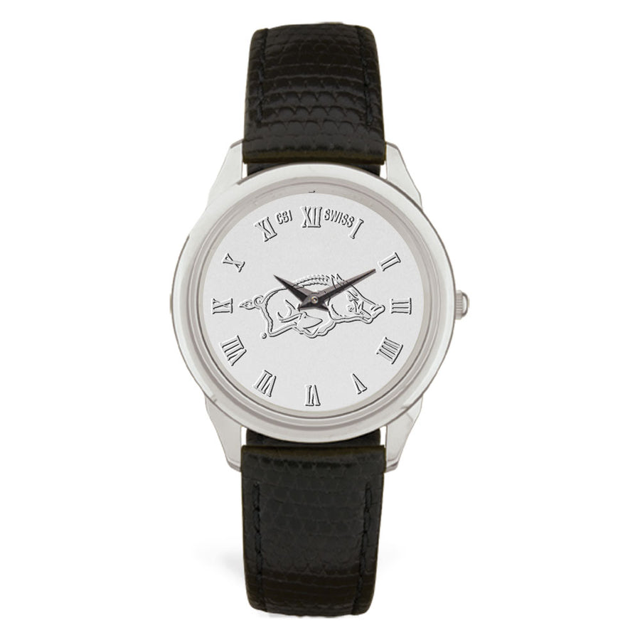 Men's Silver/Black Arkansas Razorbacks Medallion Leather Wristwatch