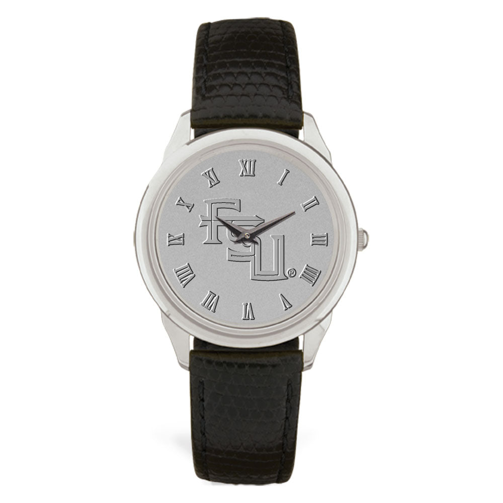Men's Silver/Black Florida State Seminoles Medallion Leather Wristwatch