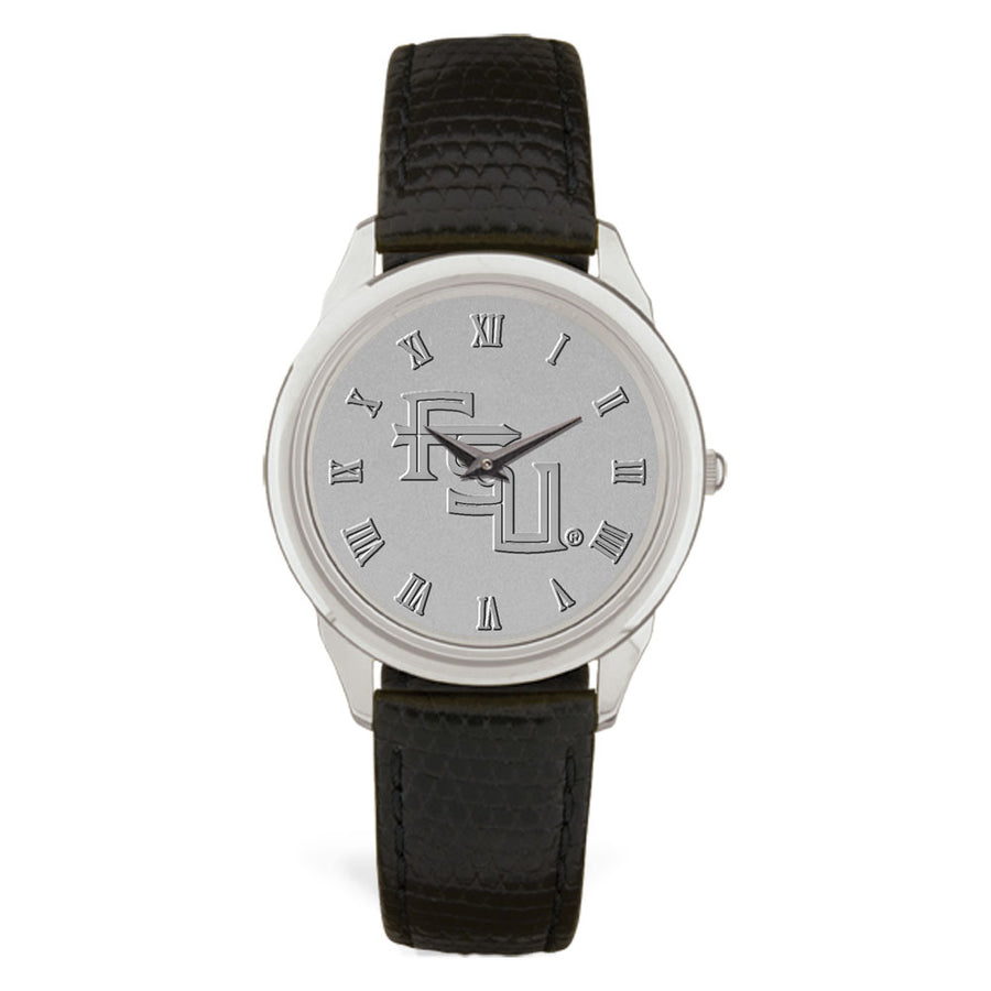 Men's Silver/Black Florida State Seminoles Medallion Leather Wristwatch