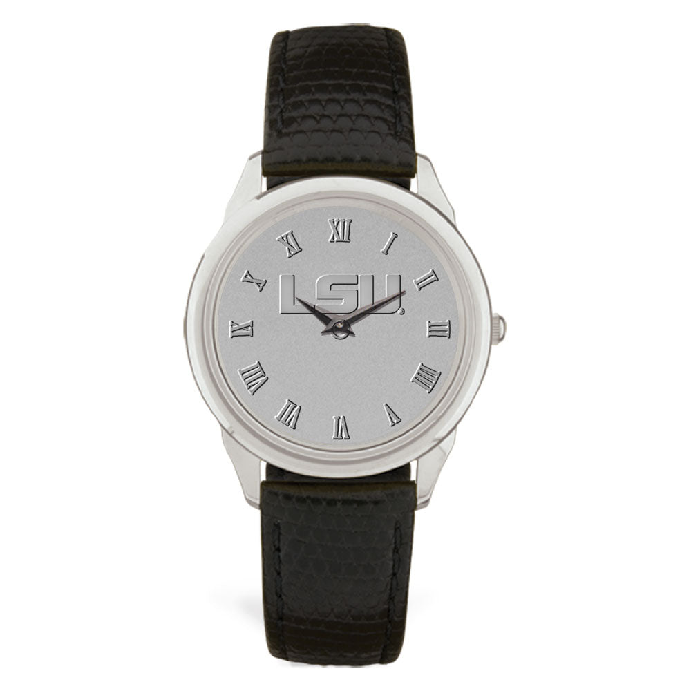 Men's Silver/Black LSU Tigers Medallion Leather Wristwatch