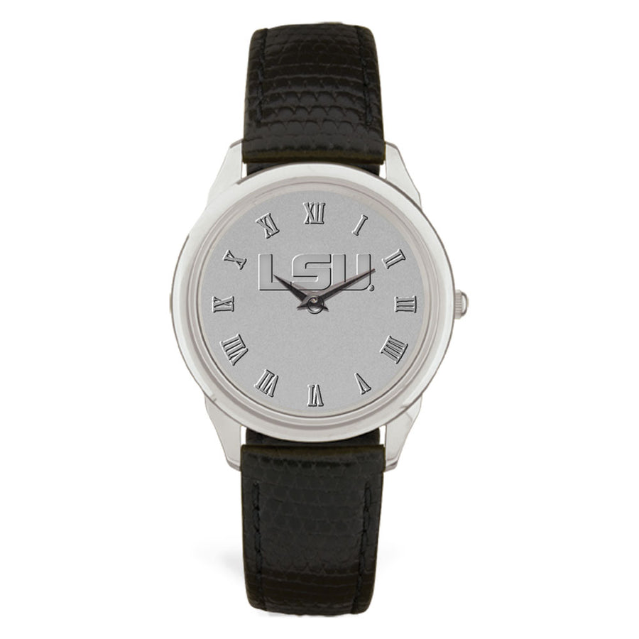Men's Silver/Black LSU Tigers Medallion Leather Wristwatch