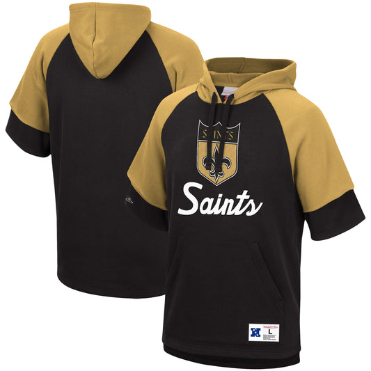 Men's Mitchell & Ness Black New Orleans Saints Home Advantage Raglan Short Sleeve Pullover Hoodie