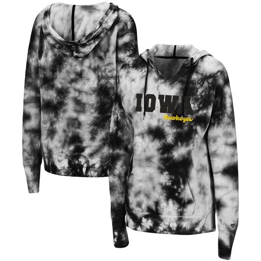 Women's Colosseum Black Iowa Hawkeyes Shavonee Tie-Dye Pullover Hoodie