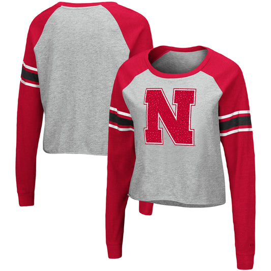 Women's Colosseum Heathered Gray/Scarlet Nebraska Huskers Decoder Pin Raglan Long Sleeve T-Shirt