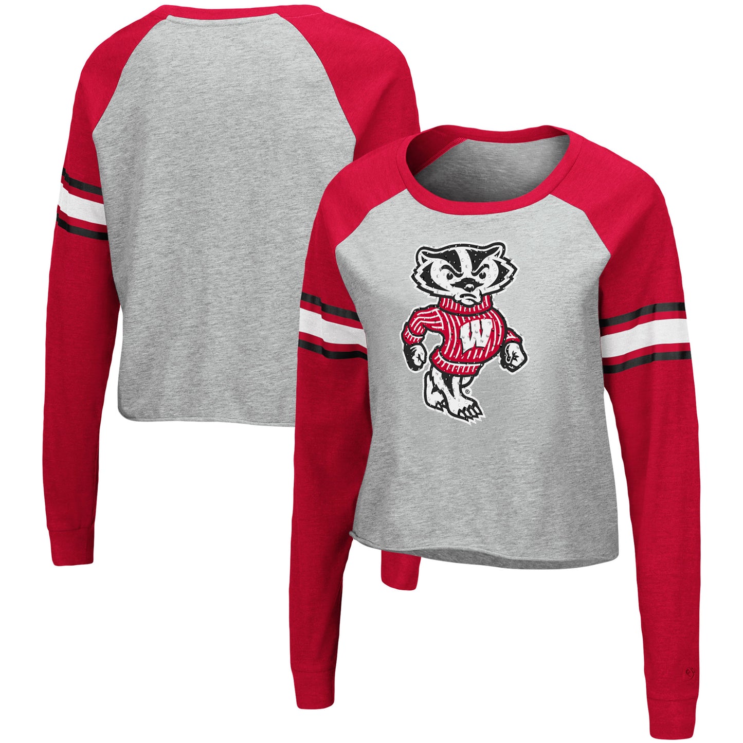 Women's Colosseum Heathered Gray/Red Wisconsin Badgers Decoder Pin Raglan Long Sleeve T-Shirt