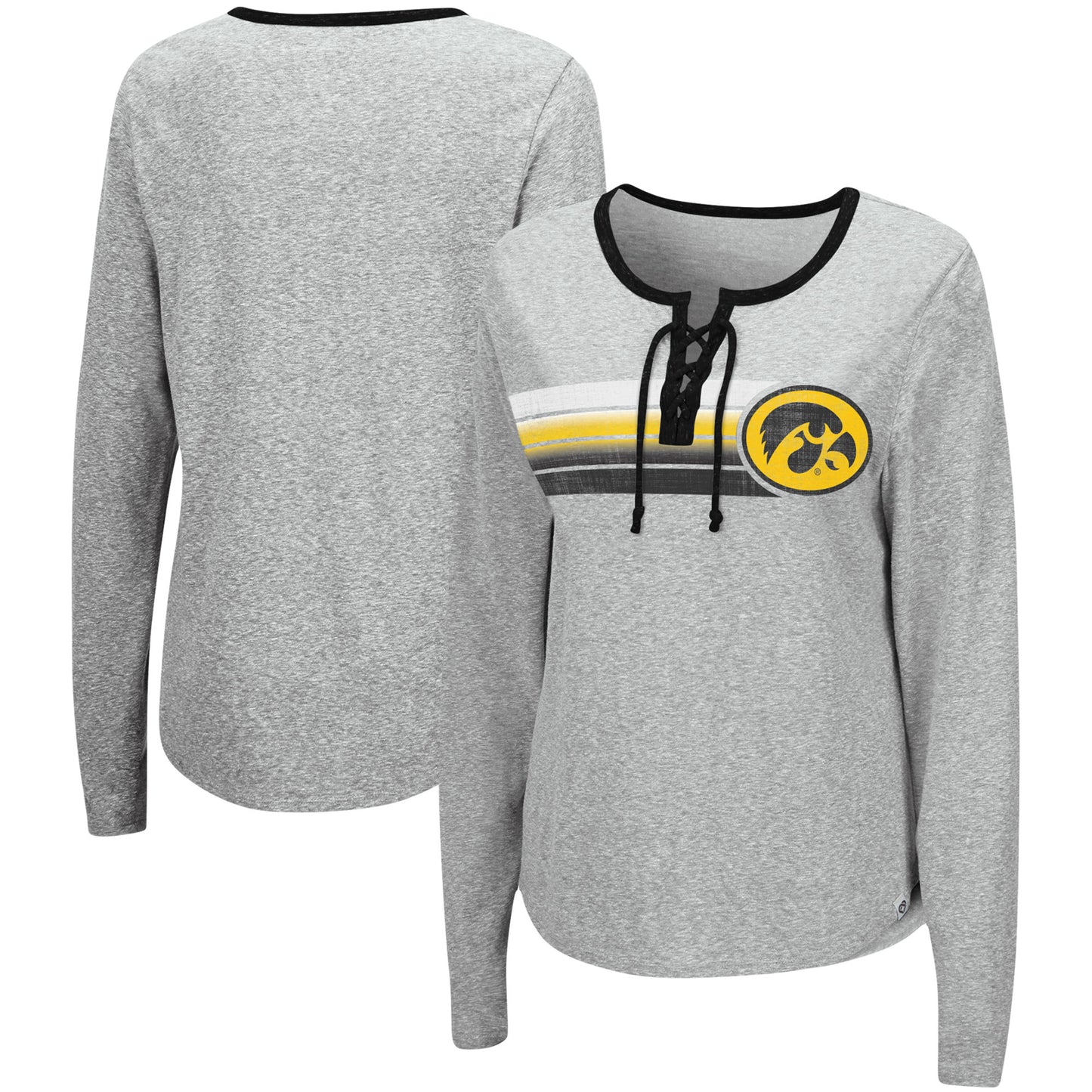 Women's Colosseum Heathered Gray Iowa Hawkeyes Sundial Tri-Blend Long Sleeve Lace-Up T-Shirt