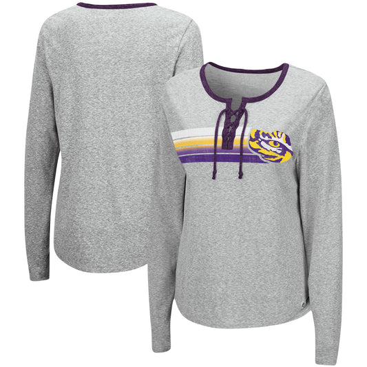 Women's Colosseum Heathered Gray LSU Tigers Sundial Tri-Blend Long Sleeve Lace-Up T-Shirt