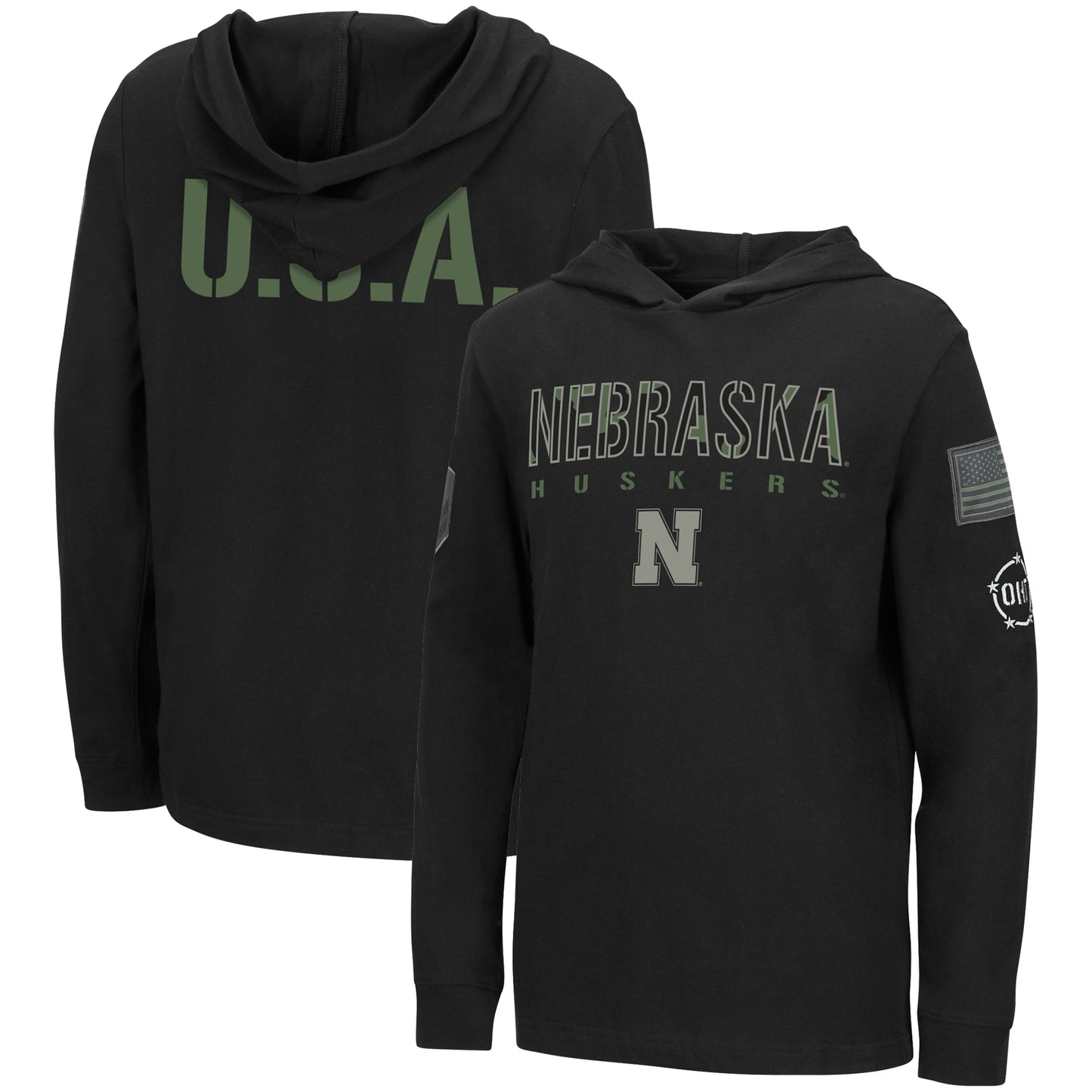 Youth Colosseum Black Nebraska Huskers OHT Military Appreciation Tango Long Sleeve Hoodie T-Shirt