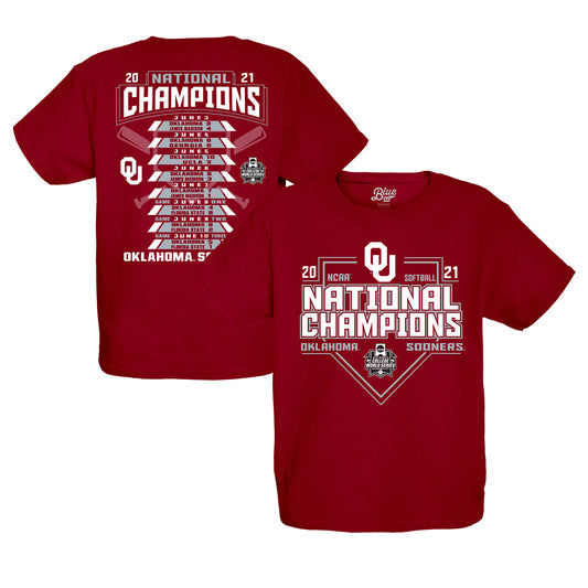 Youth Blue 84 Crimson Oklahoma Sooners 2021 NCAA Softball Women's College World Series Champions Schedule T-Shirt