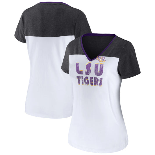 Women's Fanatics White/Heathered Charcoal LSU Tigers V-Neck T-Shirt